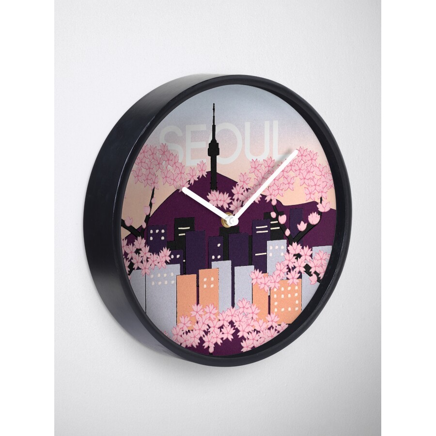 Đồng Hồ Decor - Seoul Tower With Woodblock Style Cherry Blossoms South Korea Clock