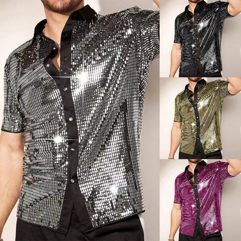 Áo sơ mi tay ngắn sequins sáng bóng style Vintage 70s Disco Club