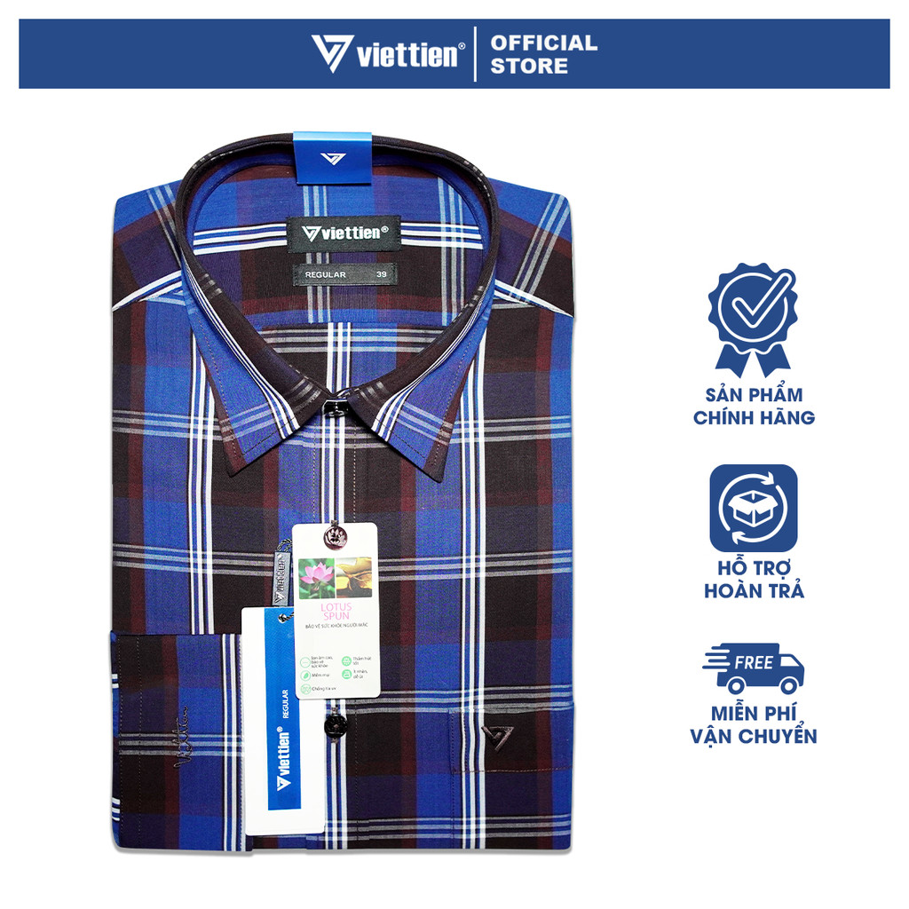 VIETTIEN SALE - Áo Sơ Mi VIETTIEN Dài Tay, Xanh Navy - Nâu, Họa Tiết Caro, Form Regular Lai Bầu