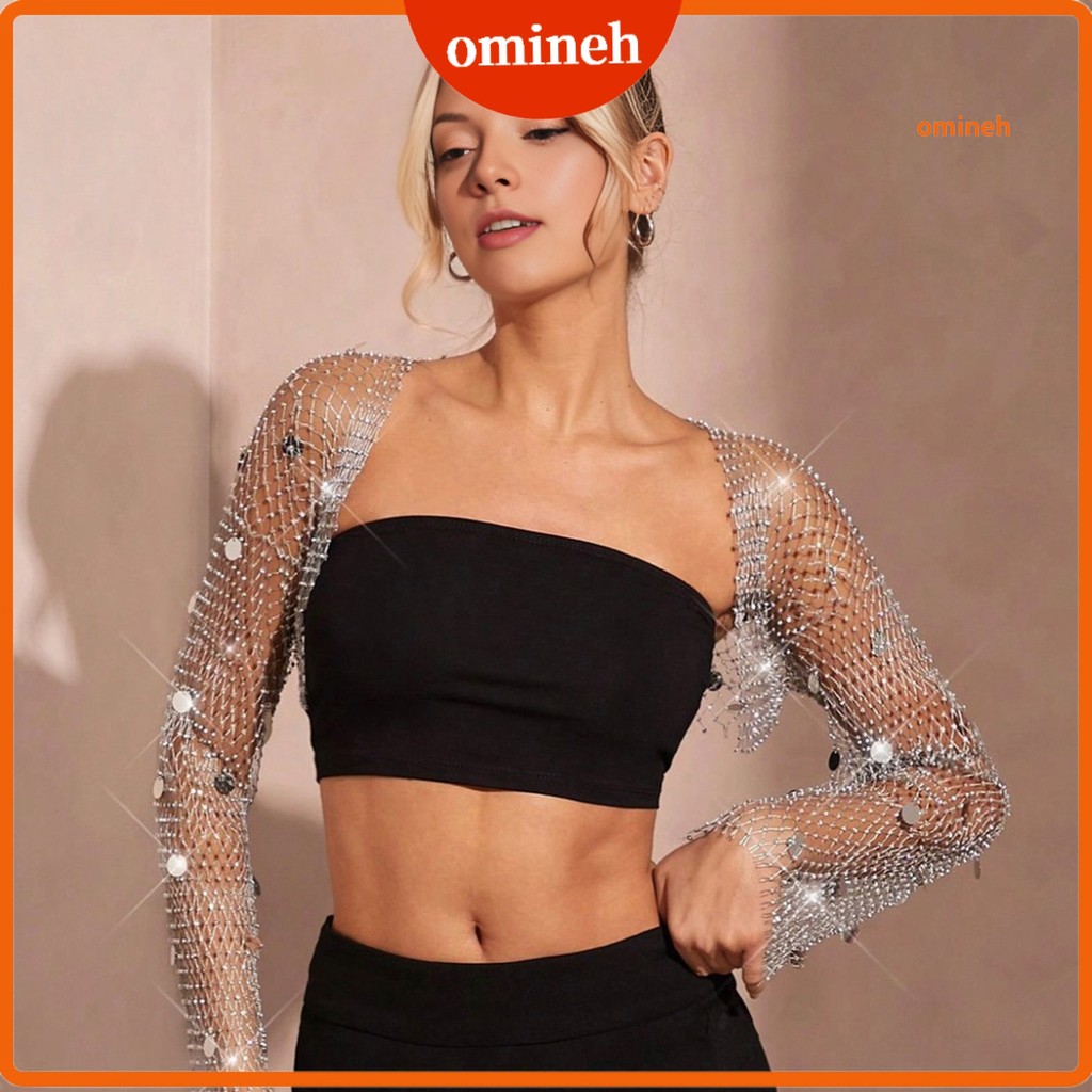 [omineh] Kim Sa Lấp Lánh Nữ Kim Cương Giả Shrug Lưới Dài Tay Fishnet Bolero Lấp Lánh Mở Mặt Trước Ch