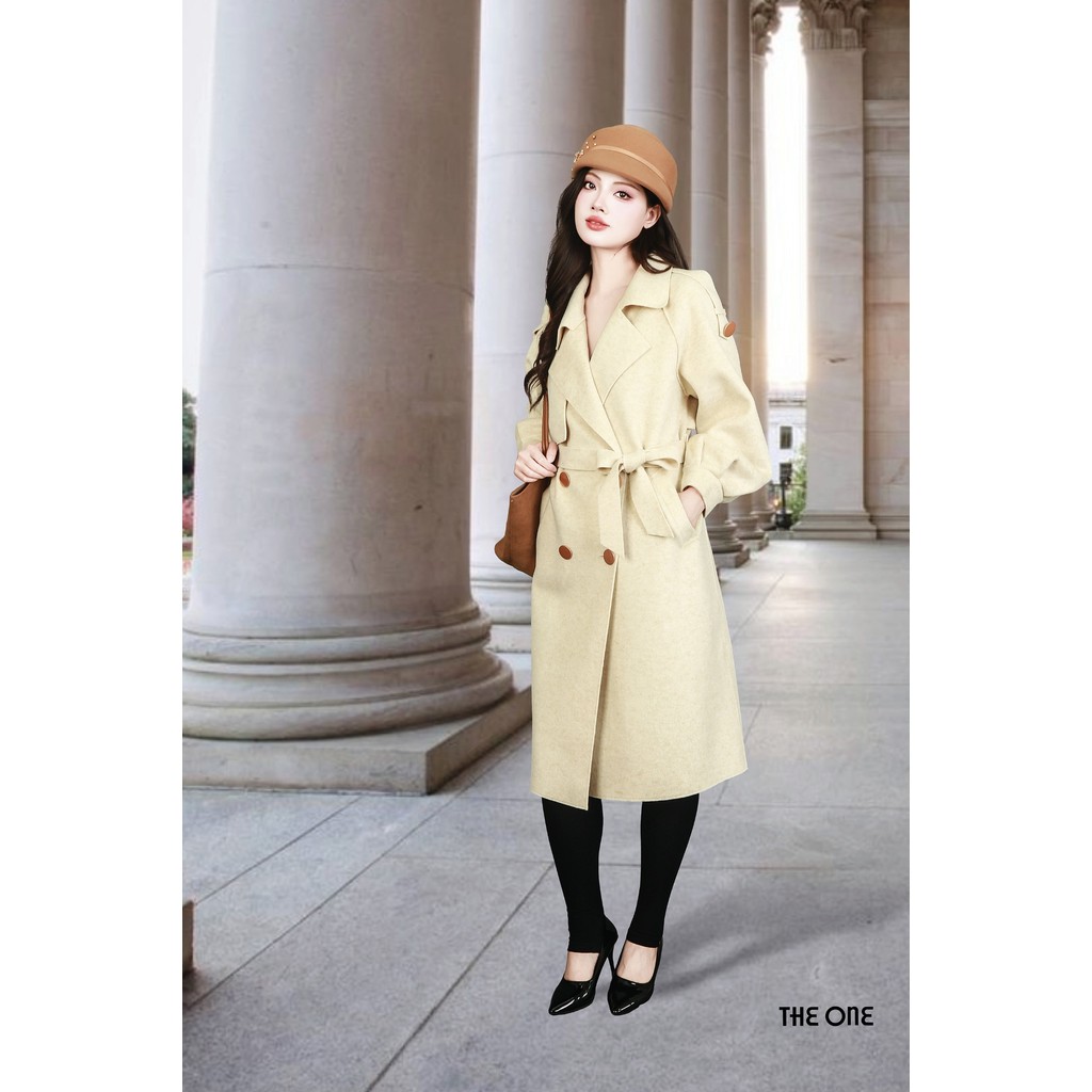 Áo măng tô dạ lông cừu 2 mặt be sáng Freesize cổ B dây đai khuy đồng bo gấu tay The One Fashion AK98