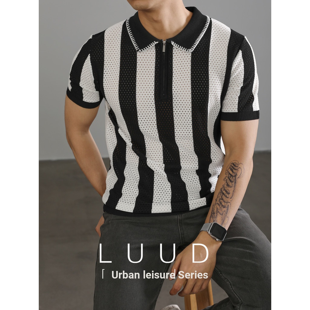 Ao Polo Nam Mùa Hè, Sọc Dọc Đen Trắng Tương Phản, Cổ Áo Rỗng, Tay Ngắn