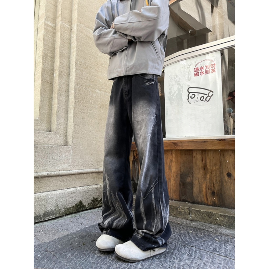 American Retro Tie-Dye Jeans nam mùa xuân thu 2024, giặt rời rộng hơi loe, phù hợp dạo phố