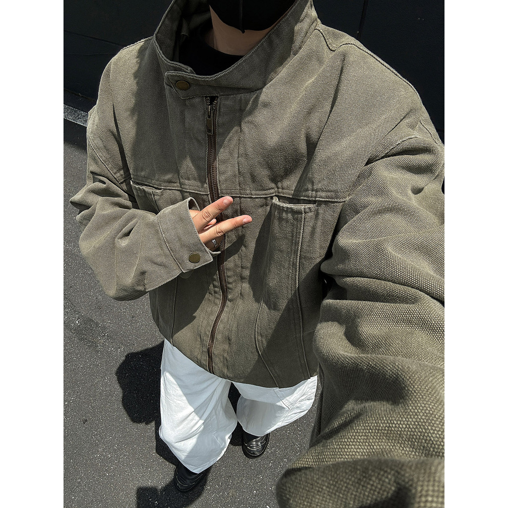 Cleanfit American Heavy Washed Canvas Harrington Jacket Thiết kế nam Áo khoác cổ đứng ngắn