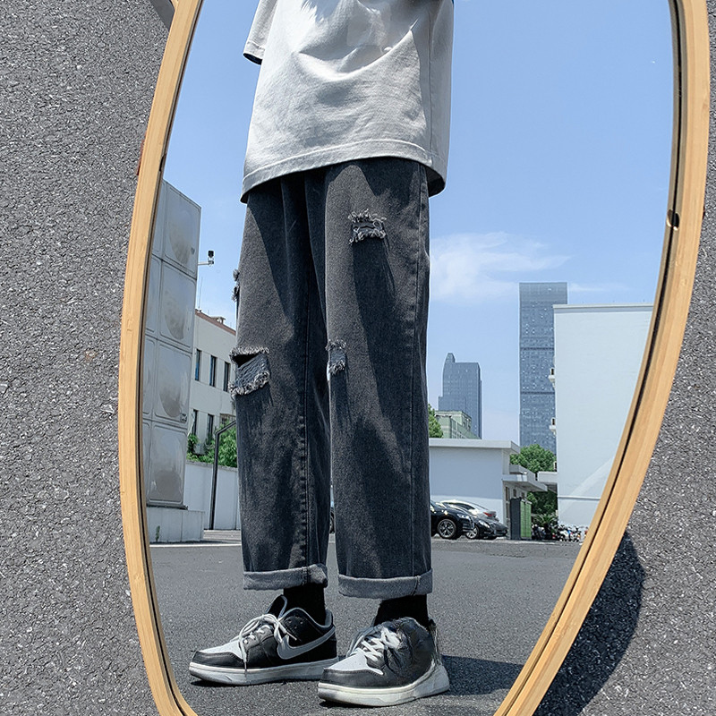 Mùa hè quần jean nam thẳng rời rách beggar style, phù hợp dạo phố