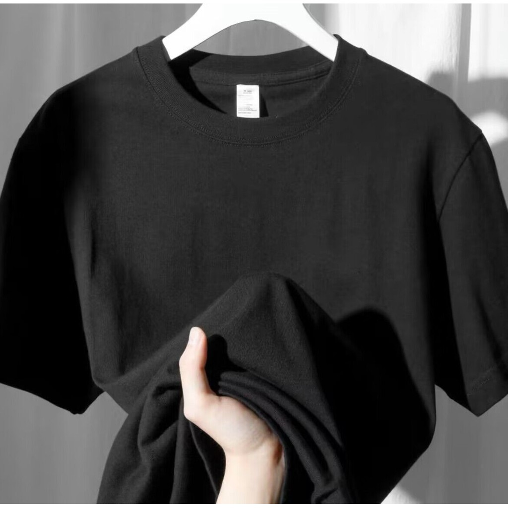 300g Áo thun ngắn tay nặng Nam Nữ Size Lớn Trắng Nguyên Chất Cotton Đen Nguyên Chất Rời Màu Trơn Cổ 