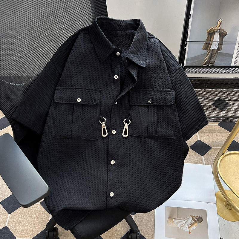 Mỹ Retro Waffle Shirt Nam, Tay Ngắn Thích Hợp Đi Dạo Phố Mùa Hè