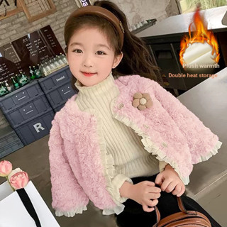   Phong cách lót lông cừu   Phong cách chần bông  Áo khoác len len len thời trang cho bé gái Mùa đông 2024 Phong cách mới Áo dày cho bé gái 