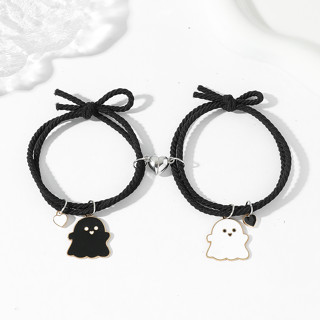  Bộ 2 Vòng Tay Cặp Đôi Ma Cute Dây Cao Su Đen Trắng Có Nam Châm, Làm Quà Tặng
