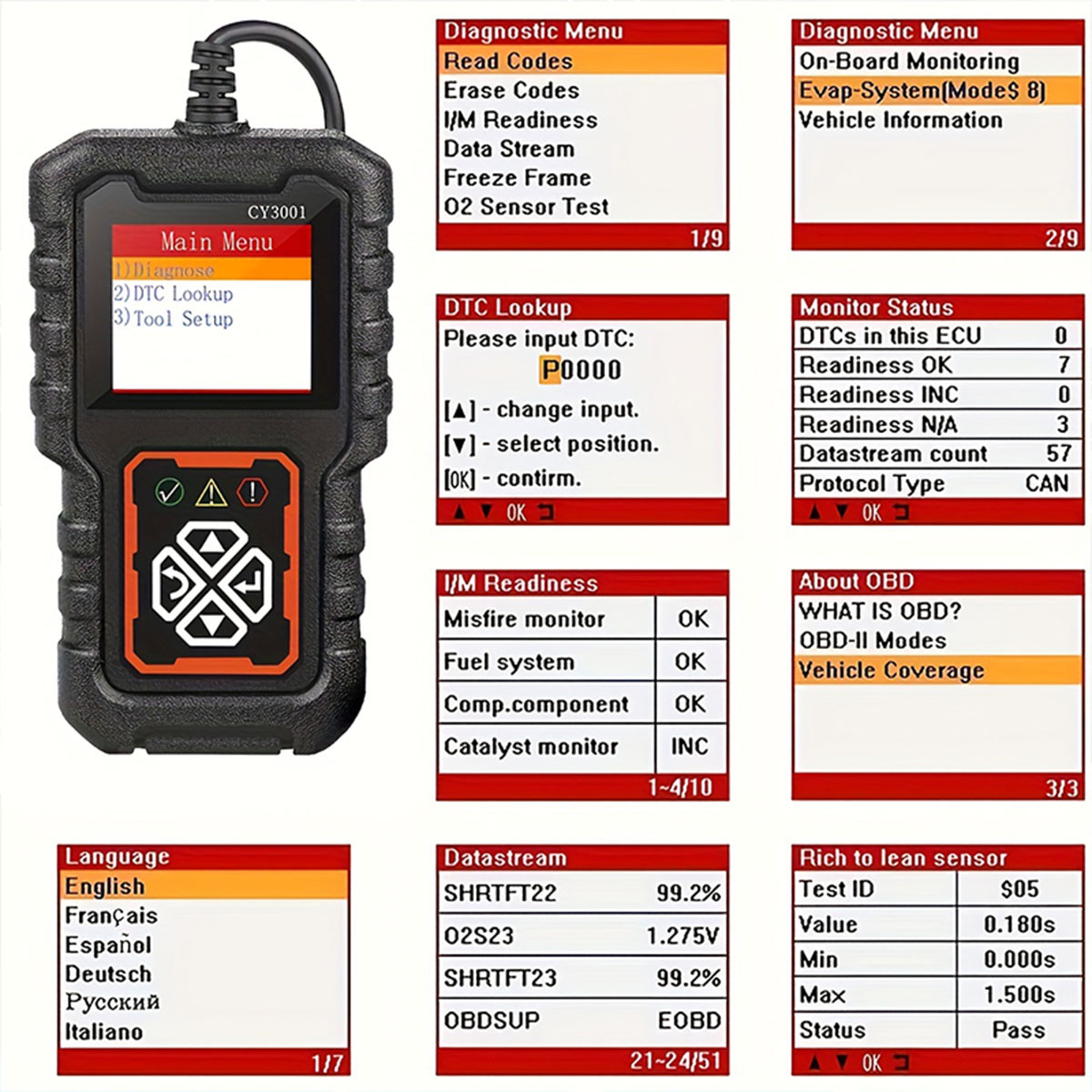 Thiết bị quét lỗi động cơ ô tô Trendlab CY3001 OBD II đa năng, hỗ trợ đọc và xóa mã lỗi C0DES trên c