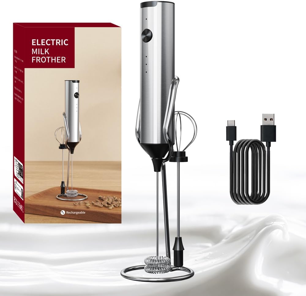 Máy tạo bọt sữa USB Máy tạo bọt cà phê có thể sạc lại Máy đánh trứng điện 3 tốc độ có thể điều chỉnh với 2 Máy khuấy bằng thép không gỉ có thể tháo rời Thích hợp cho Latte Cappuccin0