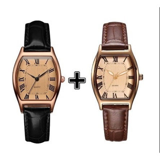  【Mua 1 Tặng 1 Đồng hồ nữ cổ điển dây da đen, đồng hồ quartz phong cách retro, bộ quà tặng nữ