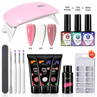 14 cái / bộ 15ml poly gel móng tay trọn bộ cho gel mở rộng đánh bóng đẩy, đế và áo khoác trên, bộ nước làm sạch và khuôn làm móng tay acrylic bộ dụng cụ làm móng tay người mới bắt đầu bộ dụng cụ làm móng tay bút móng tay