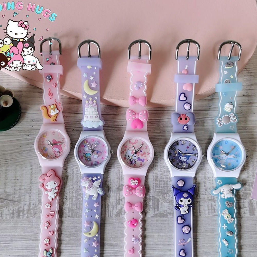 SANRIO Đồng Hồ Đeo Tay 3D Kuromi Hello Kitty Cinnamoroll Melody Bằng Silicon Màu Macaron Chất Lượng Cao Chống Thấm Nước Có Dây Đeo Cho Học Sinh Trẻ Em