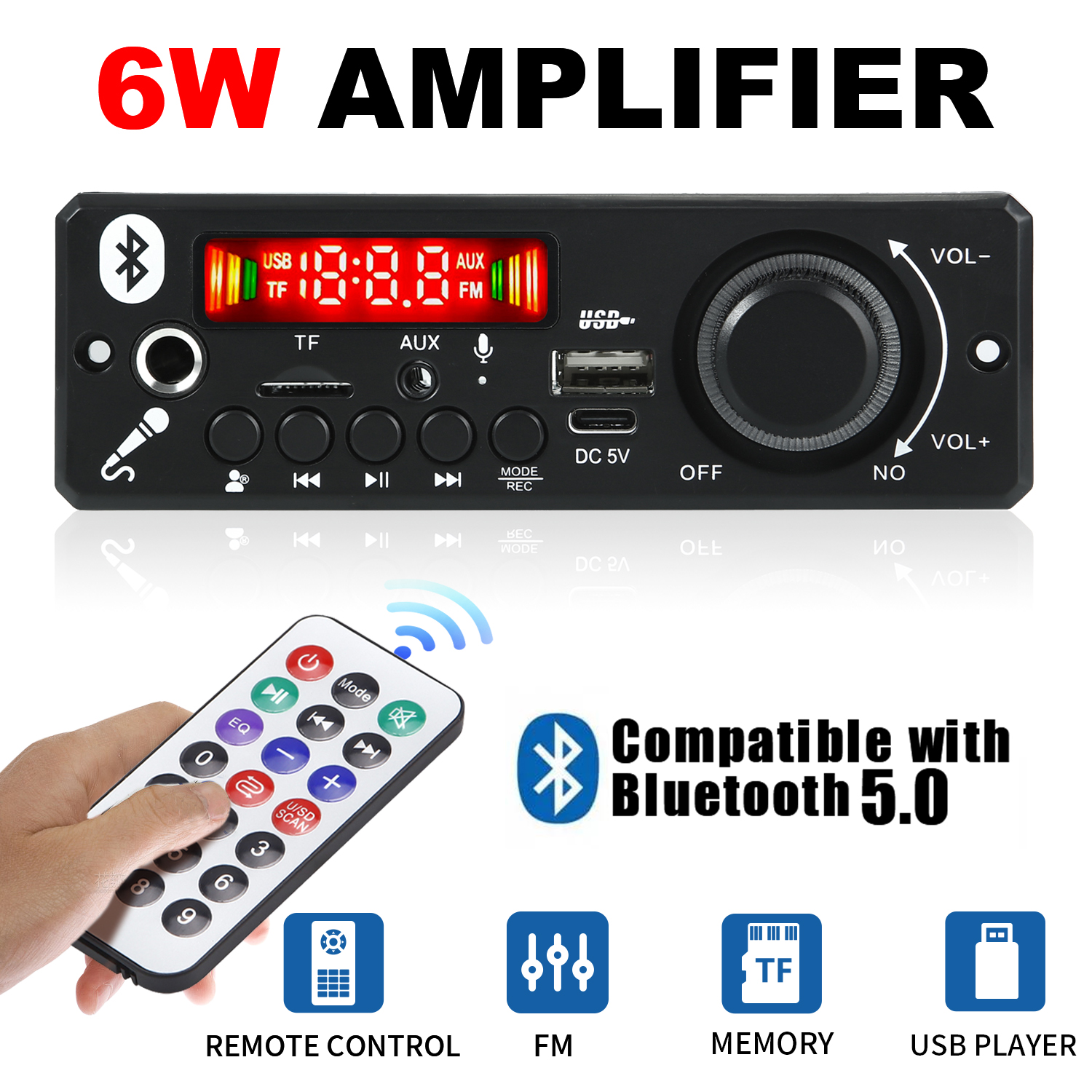 Mô-đun âm thanh Bluetooth 5.0 6W Amply mới, DC 5V, hỗ trợ MP3 WMA, USB TF, nhận sóng FM không dây, m