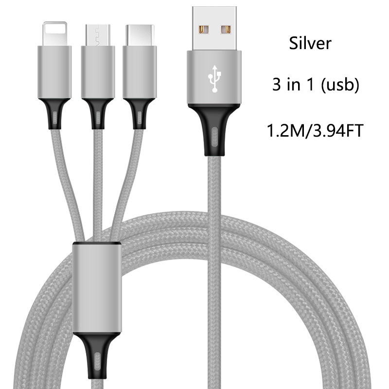 Cáp sạc 3 trong 1, cáp dữ liệu USB, cáp đa năng USB 2A, cáp sạc 3 trong 1, cáp dữ liệu USB Type C, cáp dữ liệu Micro USB, cáp sạc điện thoại có thể cấp nguồn đồng thời 3 chiếc.
