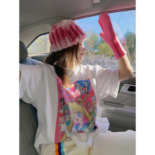 Áo thun ngắn tay phong cách mỏng 3XL Cotton nguyên chất SAILOR Moon SAILOR STARS Phim hoạt hình hàng đầu phong cách Hàn Quốc Áo thun phong cách nữ cổ tròn dáng rộng Áo bạn gái Cổ ngắn tay thả vai nữ