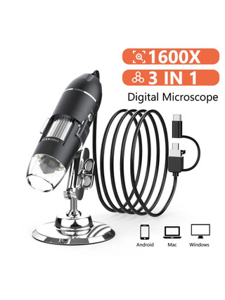 Kính hiển vi kỹ thuật số ba trong một USB 50X đến 1600X, 8 camera nội soi phóng đại LED, tương thích với điện thoại di động và máy tính, Android Windows 7 8 10 11 Linux Mac