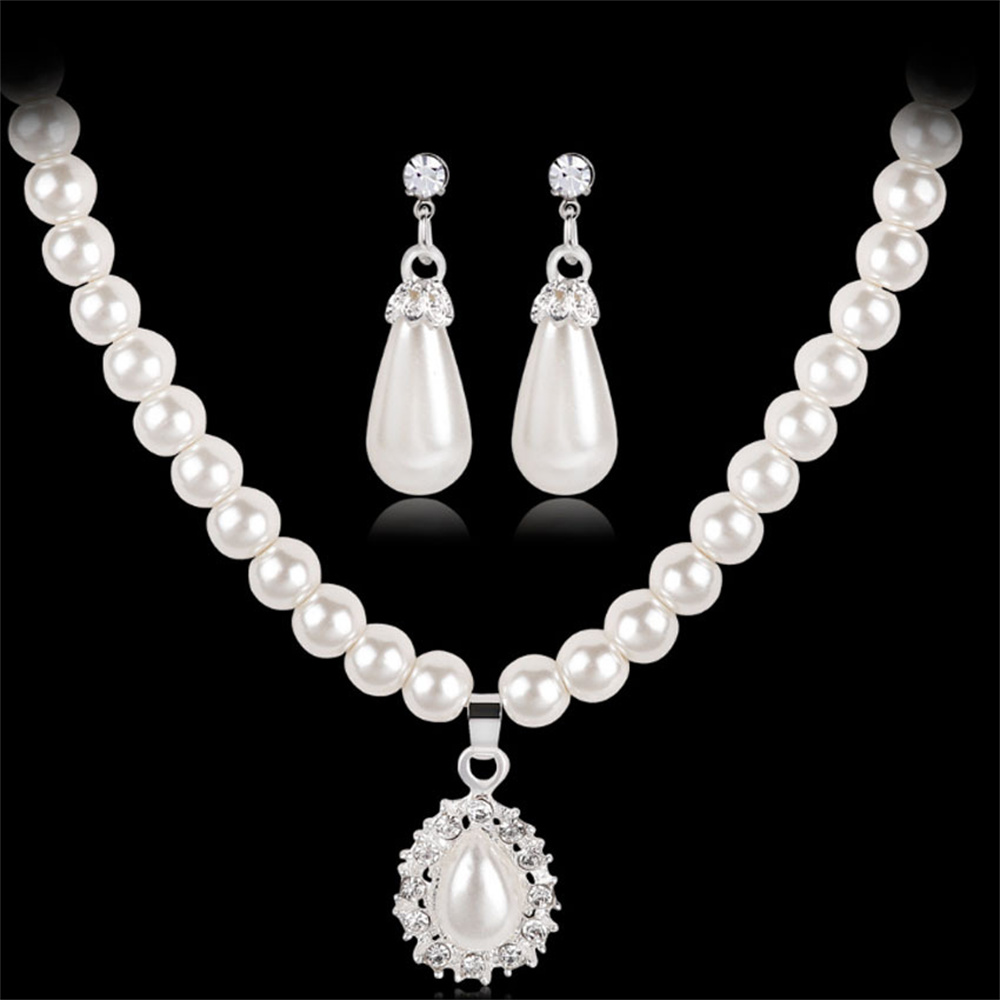  Trang sức nữ thanh lịch: Vòng cổ bông tai vòng tay hình chữ L với ngọc trai giả 