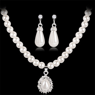  Trang sức nữ thanh lịch: Vòng cổ bông tai vòng tay hình chữ L với ngọc trai giả 