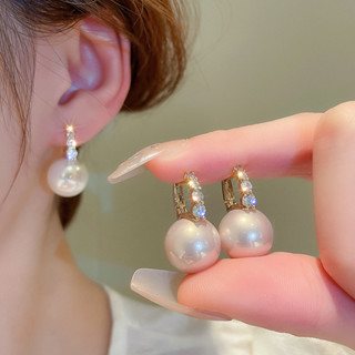 Drejew Bông tai zircon ngọc trai tròn mạ điện bằng vàng thật Bông tai thời trang thanh lịch kiểu Pháp đi lại bông tai đa năng cao cấp dành cho nữ