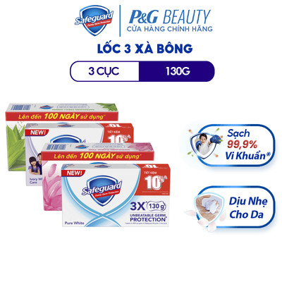 Lốc 3 Xà Bông Cục SAFEGUARD Sạch 99% Vi Khuẩn Cho Da-HoaHồng/TrắngTinhKhiết/ThảoMộc//DịuNhẹ