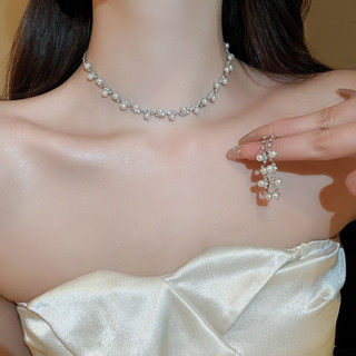 Drejew choker ngọc trai kim cương sóng vòng cổ bộ thời trang cao cấp Hàn Quốc chuỗi xương đòn thích hợp đi lại trang sức dành cho nữ