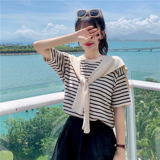 Áo len dệt kim sọc băng, áo thun ngắn tay, áo rộng nhỏ mùa hè cho bé gái, áo bên trong mùa xuân thu