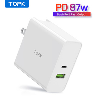 Topk 87w usb c pd notebook power adapter bộ sạc usb với 1 cổng usb-c 3.0 & 1 usb-a tương thích với macbook pro / air, ipad pro, galaxy, v.v.
