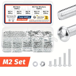 440 chiếc M2 Vít Bu lông và đai ốc Bộ phân loại, Vít máy hệ mét & Đai ốc & Bu lông & Vòng đệm phẳng, Bộ bu lông lục giác có rãnh Phillips cho máy in 3D DIY