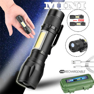 Đèn pin sạc USB Mini LED COB + XPE Đèn pin di động Đèn lồng cắm trại có thể phóng to Đèn tập trung chiến thuật Đèn pin có kẹp bút