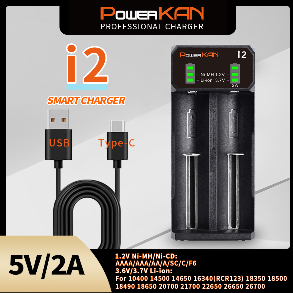Bộ sạc pin POWERKAN i2 có màn hình LED cho 2 pin Li-Ion 3.7V và pin sạc 1,2V Ni-MH Cd AA AAA No.5 số 7