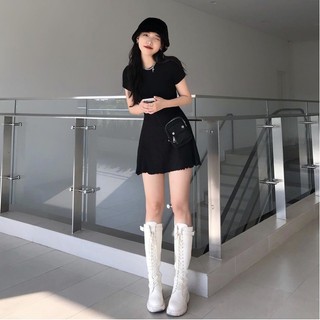 Váy thun tăm nữ cổ tròn dáng ngắn basic phong cách Hàn Mã: HTP043