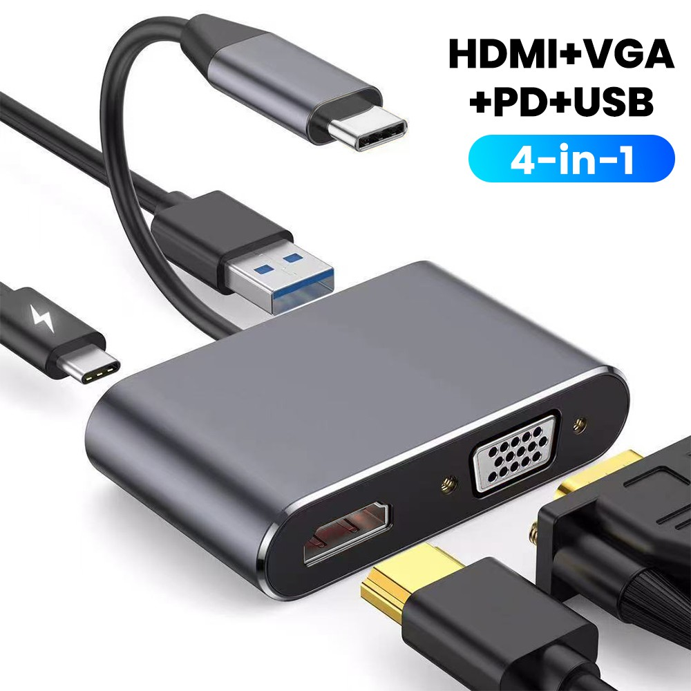 Hub USB 4 trong 1 VGA Laptop 4K HDMI Adapter PD sạc Laptop Type C Docking Station