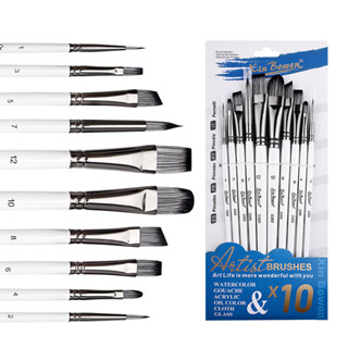 Bộ 10 cọ sơn, Bàn chải sơn mũi nhọn tròn phẳng, Bàn chải sơn tóc Nylon cho màu nước dầu Acrylic, Nghệ thuật làm móng mặt, Vẽ chi tiết thu nhỏ & Vẽ tranh đá