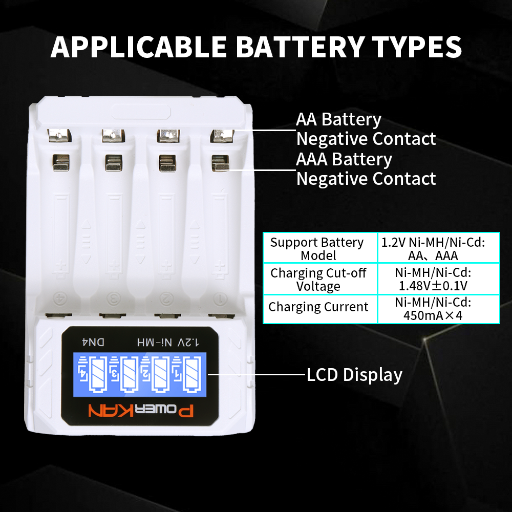 Bộ sạc pin POWERKAN DN4 có màn hình sạc LCD cho 4 pin NiMH / Cd AA AAA Sạc cáp USB Type-c