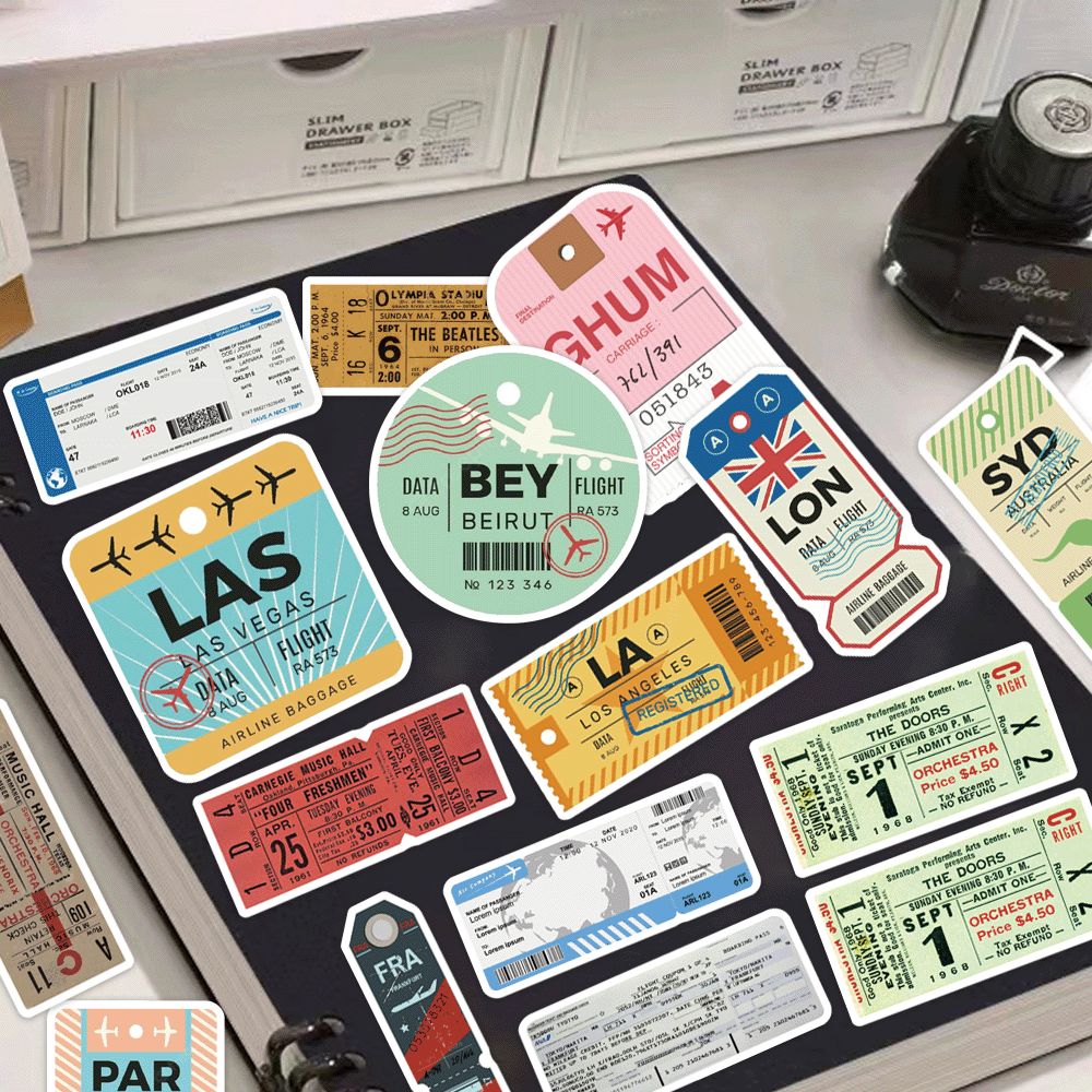 40 Miếng Tem Dán Vé Máy Bay Cổ Điển - Decal Nhựa Chịu Nước Cho Ốp Điện Thoại, Hành Lý & Mũ Bảo Hiểm 