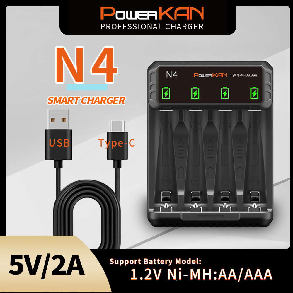 Bộ sạc pin POWERKAN N4 Màn hình sạc LED Hỗ trợ 1 ~ 4 1.2V Pin Ni-MH / Cd AA AAA được sạc đồng thời