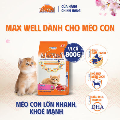 Thức ăn hạt cao cấp cho mèo Max Well từ Nhật Bản, dành cho mèo con, chăm sóc sức khỏe toàn diện - Vị cá, 800g