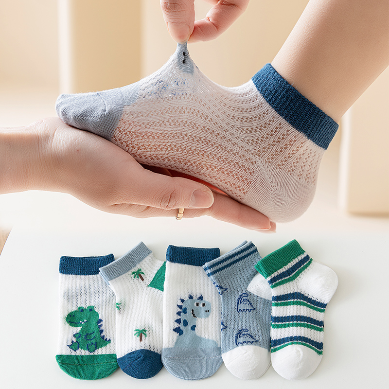 5 Đôi Trẻ Em Cotton Nguyên Chất Khủng Long Tất Lưới Thoáng Khí Bé Trai Bé Gái Tất Thể Thao Mùa Thu Cho Bé