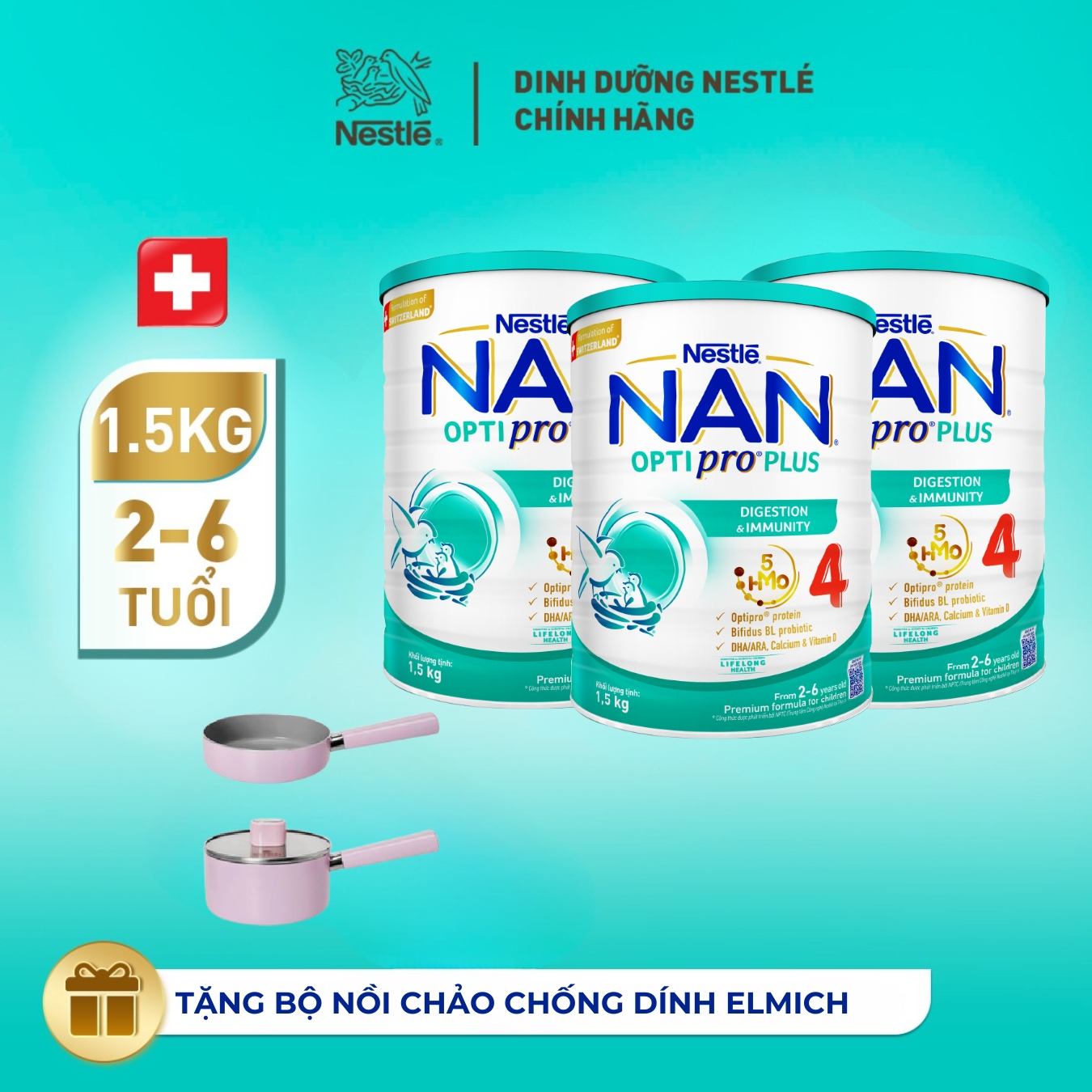 [Tặng Bộ nồi chảo chống dính Elmich] Bộ 3 lon Sữa bột Nestlé NAN OPTIPRO PLUS 4 1500g/lon với 5HMO Giúp tiêu hóa tốt