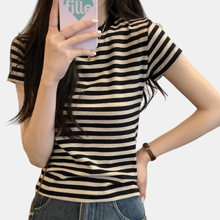 Áo thun Choice KIMEE_MA059 baby tee nữ kẻ sọc xám tiêu vải cotton 100% co dãn 4 chiều