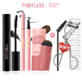 Tem đệm phấn lông mày chống thấm nước PINKFLASH + Mascara kéo dài + Bút kẻ mắt màu đen + Máy uốn mi Bộ trang điểm mắt 4 chiếc (Với quà tặng 12 chiếc)