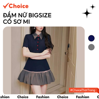   Choice  Đầm Nữ Bigsize FA1-2802-3 Cổ Sơ Mi Cộc Tay Cúc Đỏ Đuôi Váy Xòe Đính Nơ Tiểu Thư 