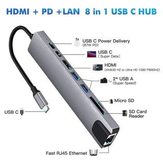 Bộ chuyển đổi USB C 8 trong 1 HUB Type C sang HDMI Type-C sang USB 3.0 Đầu đọc thẻ Micro SD Ethernet USB C 3.1 Truyền dữ liệu 87W PD Sạc đa cổng HUB Type C Docking Station