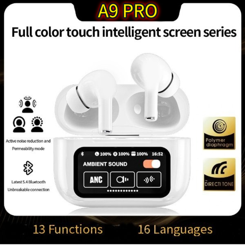 Tai nghe A9 Pro TWS không dây Bluetooth, ANC, ENC, màn hình cảm ứng, chống ồn, âm thanh HiFi stereo
