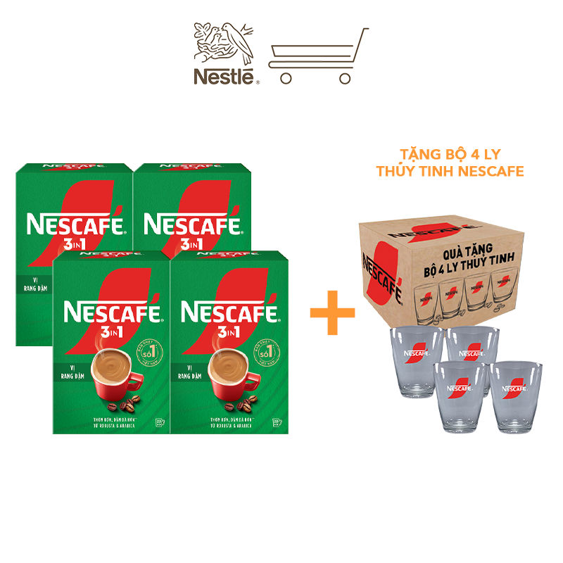 [Tặng Bộ 4 ly thủy tinh Nescafe] Combo 4 Hộp NESCAFE 3IN1 Công thức cải tiến - VỊ RANG ĐẬM Hộp 20 gó