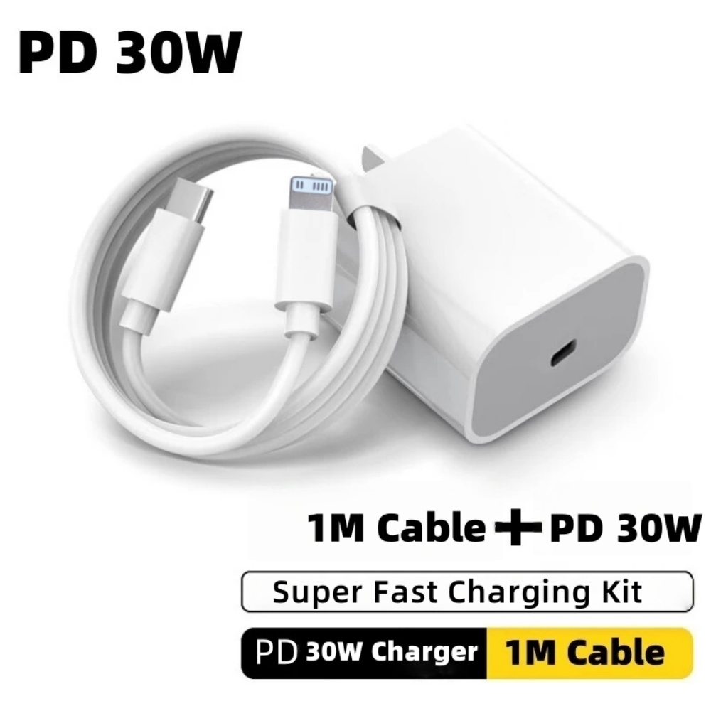 Cục sạc nhanh PD 30W mới + Dây sạc 1M có sẵn cho iPhone 6-14 Pro Max và iPad.