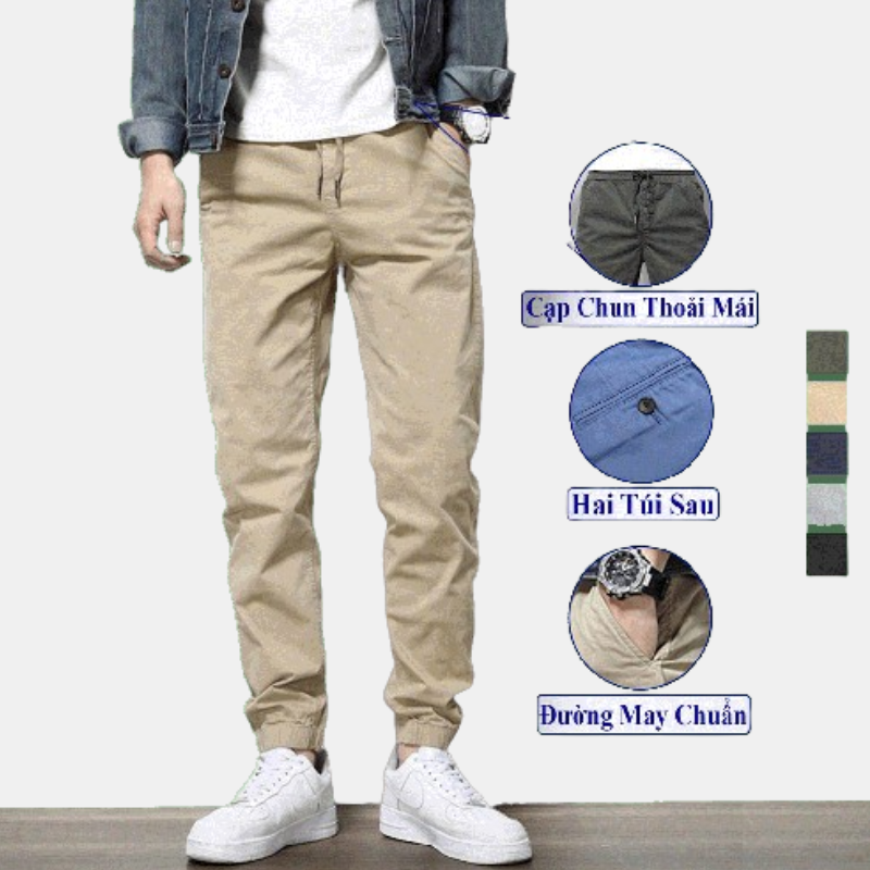 Quần Jogger Nam Kaki Cạp Chun Bo Gấu Vicenzo MA4-14-33 Cao Cấp Vải Cotton Mềm Sau Khi Giặt