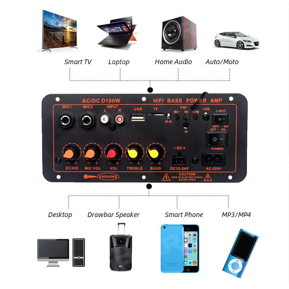 Bo mạch khuếch đại âm thanh Bluetooth DIY mới Bluetooth 5.0 D100 Loa siêu trầm Module AMP với 2 mic 